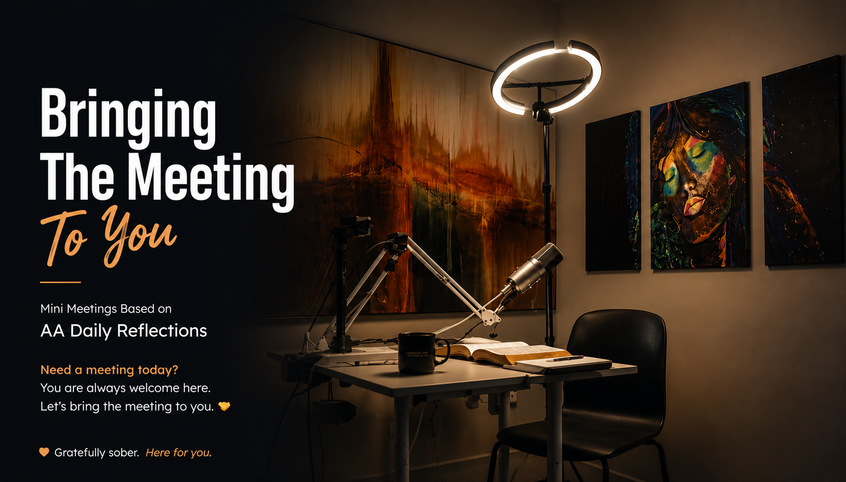 The Bringing The Meeting To You studio, with a microphone, open book, ring light, and colorful wall art.